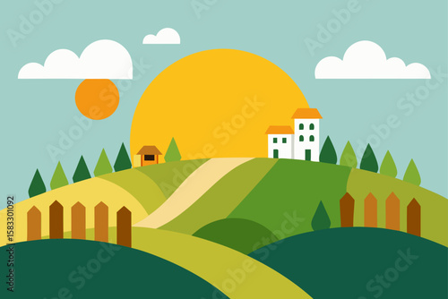sunrise over hill village with gardens and fence