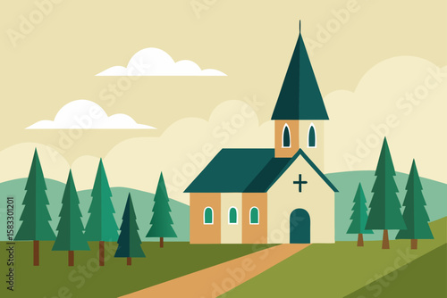 village church steeple among tall trees and field