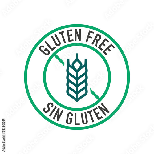 Gluten-free label design with crossed wheat icon, bilingual “GLUTEN FREE / SIN GLUTEN” text in green circle, suitable for healthy food packaging.