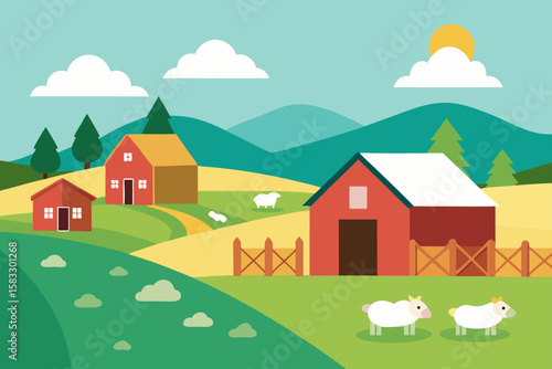 village landscape with wooden barns