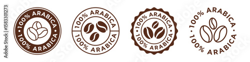 100% Arabica Coffee Beans Vector Sign. Caffeine Stickers.