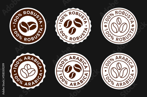 100% Robusta and Arabica Coffee Beans Vector Sign. Caffeine Stickers.