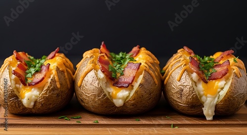 Wallpaper Mural Three loaded baked potatoes with melted cheese crispy bacon and fresh parsley Torontodigital.ca