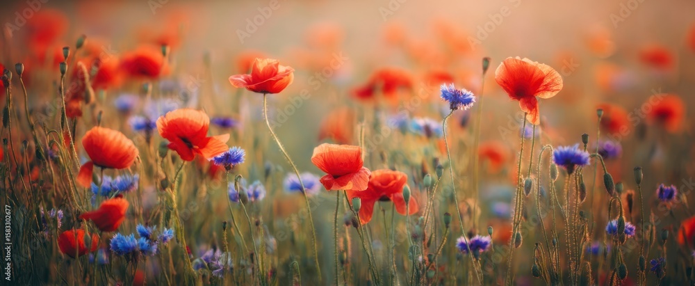 Fototapeta premium The vibrant poppy field blooming with colorful wildflowers and natural beauty.