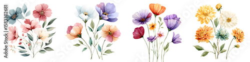 Wallpaper Mural Watercolor Flower Bouquets in Pastel Colors on White Background Torontodigital.ca