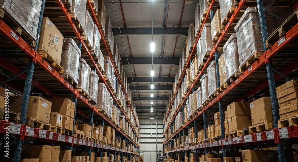 Fototapeta premium Warehouse Storage with Shelves Full of Cardboard Boxes in Industrial Facility
