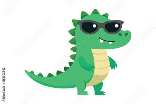 A little crocodile using black sunglasses on white background