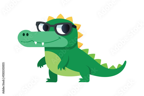 A little crocodile using black sunglasses on white background