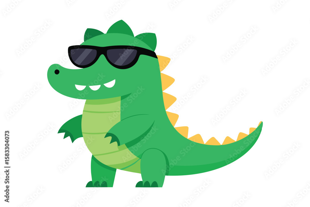 Fototapeta premium A little crocodile using black sunglasses on white background