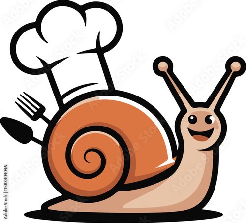 Happy Chef Snail Cartoon Mascot Logo:  Restaurant Branding, Food Service,  Cute, Playful,  Vector Illustration.