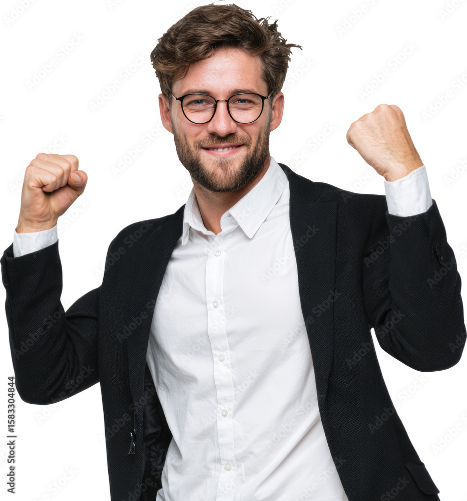 Happy man success celebration wearing glass and blazer looks cheerful
