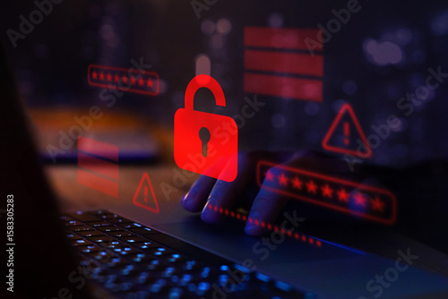 Hacker attack. Security alert, system hacked, internet cyber attack concept with red broken padlock, cybersecurity. Compromised password.