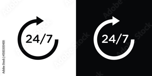 24 7 icon vector graphics. Flat solid black vector set