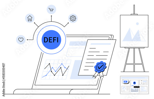 Laptop with financial graph, certified document, DEFI icon connected to digital symbols, small easel. Ideal for technology, blockchain, finance, innovation, decentralization analysis investment