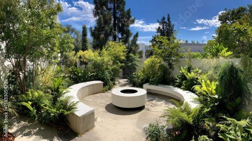 Fototapeta Naklejka Na Ścianę i Meble -  Verdant landscape encircling stone fire pit with curving wooden benches, offering serene outdoor gathering space beneath expansive blue sky and lush foliage