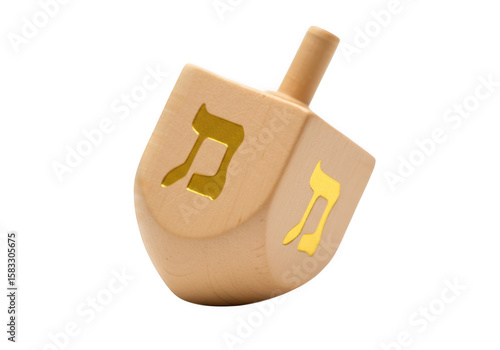 Wooden dreidel with hebrew letters isolated on transparent background