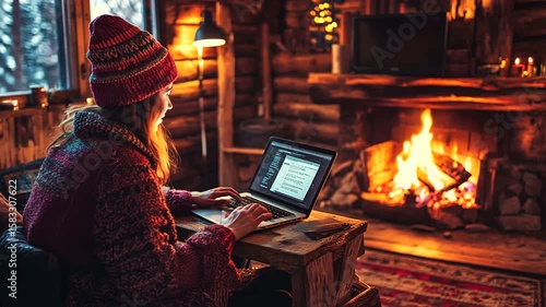 Cozy woman working on laptop by the fireplace indoors