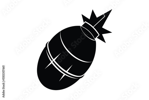 A minimalist black and white Silhouette design of a bomb against a plain white background