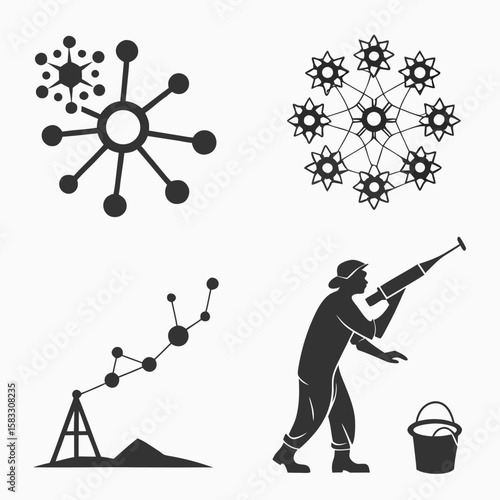 Abstract molecule cluster and stellar formation with astronomer and bucket vector