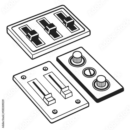 Black and white illustration of audio mixer controls sliders knobs