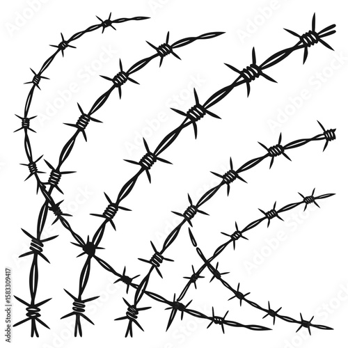 Black barbed wire strands with sharp points forming abstract shapes vector