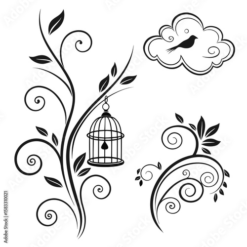 Black floral swirls with birdcage and cloud vector