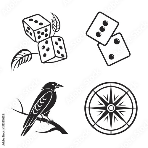 Black icons dice bird branch compass gambling chance