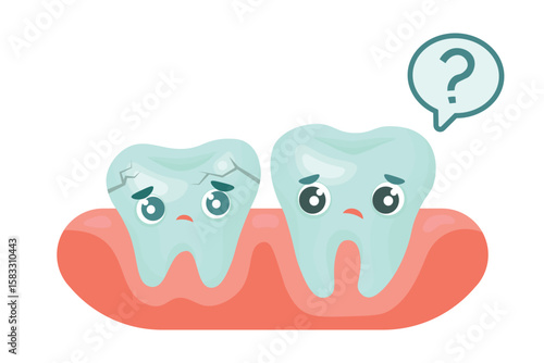 Vector illustration of two cartoon teeth sitting in red gums. Tooth with cracked filling. Cute teeth characters for dental clinics and dentistry.