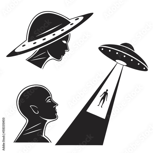 Alien abduction U F O and human silhouettes vector