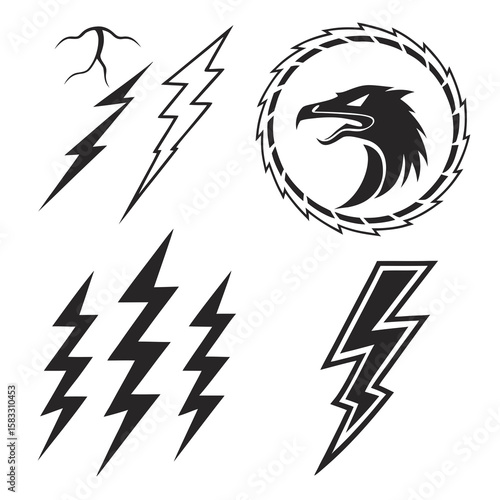 Black lightning bolt and eagle head emblems symbol