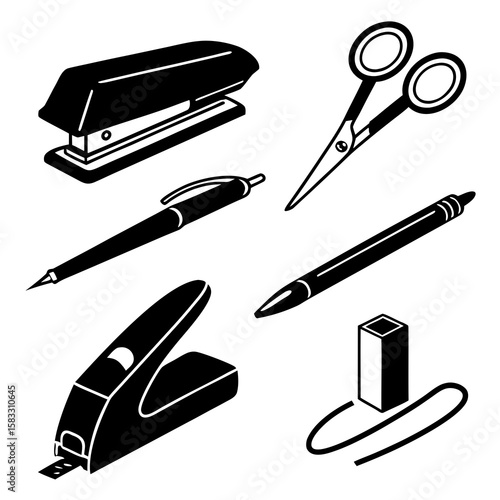Black office supplies collection stapler scissors pens eraser vector