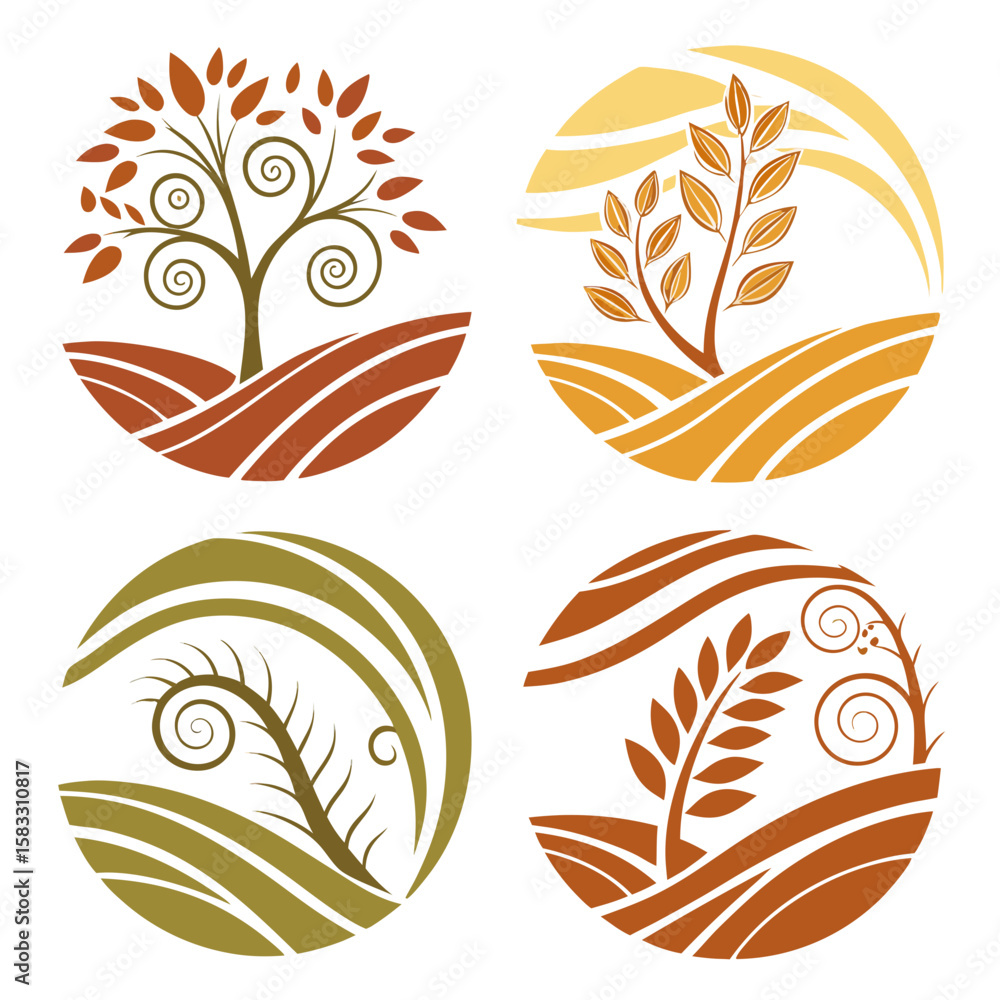 Fototapeta premium Autumnal botanical emblems with swirling vines vector