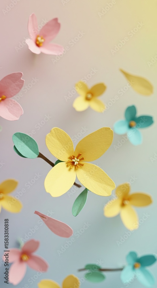 Obraz premium Paper forsythia flowers are fluttering