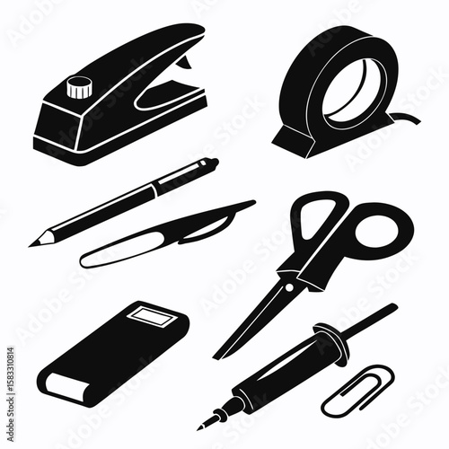 Black silhouette office supplies stapler tape pen scissors tape dispenser pens