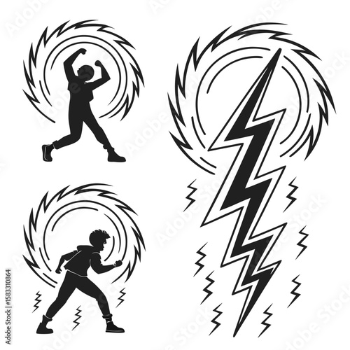 Black silhouettes of people and lightning bolt person energy