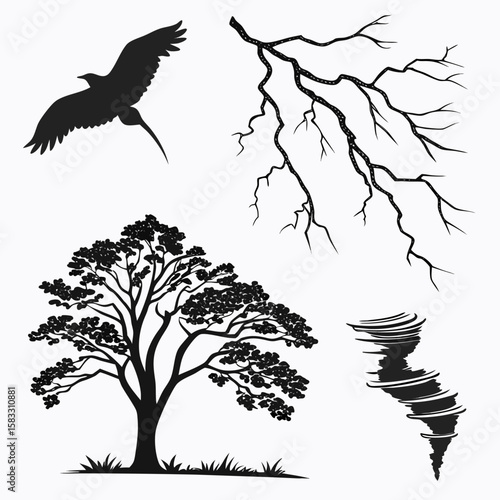 Black silhouettes of nature elements and weather phenomena bird flying