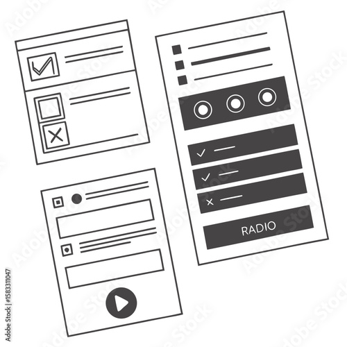 Black U I elements with checkboxes radio buttons and play button user interface