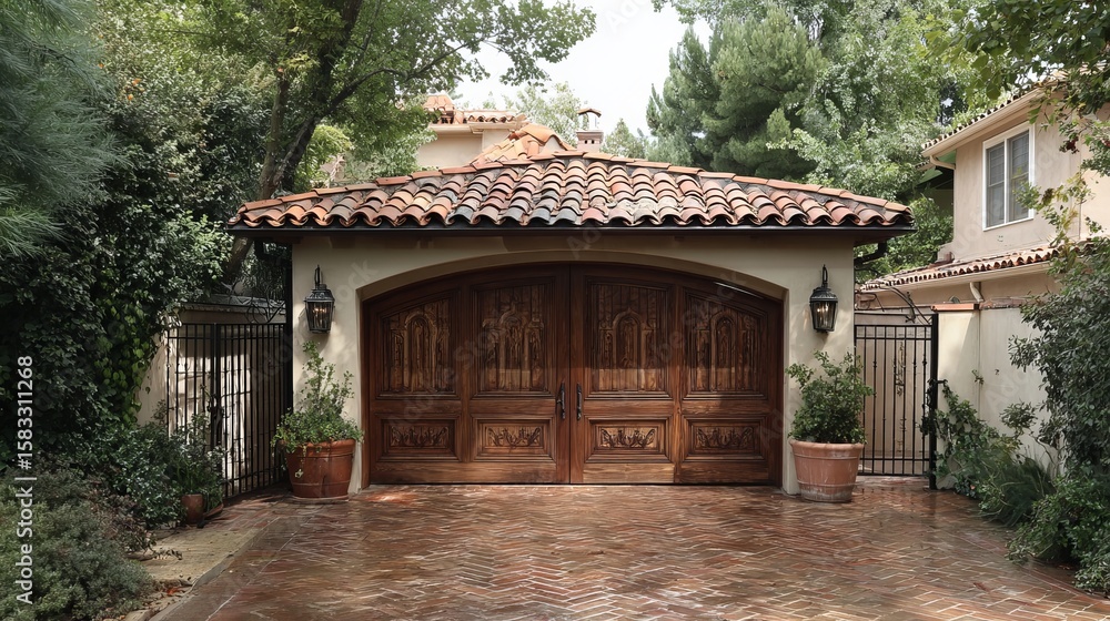 Naklejka premium Charming wooden garage doors framed by lush greenery in a tranquil suburban setting.