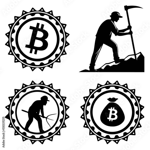 Bitcoin mining and money bag symbols cryptocurrency