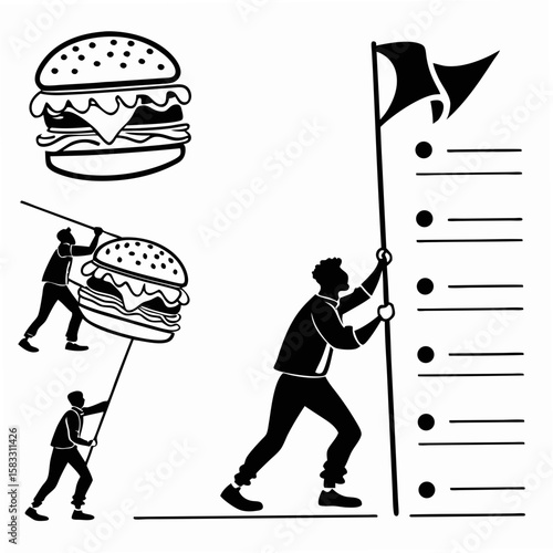 Burger and checklist with people icons flag silhouette