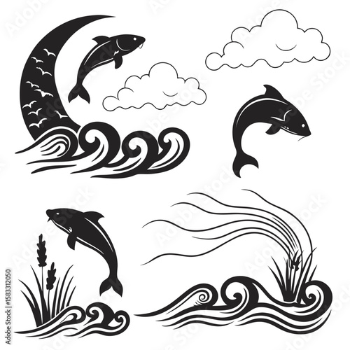Black fish jumping waves with clouds and reeds water
