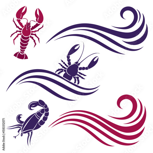 Crimson and violet crustaceans and waves lobster scorpion