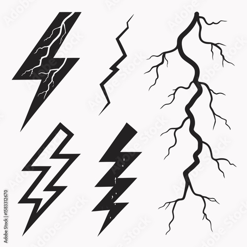Black lightning bolt symbols and branching crack thunder