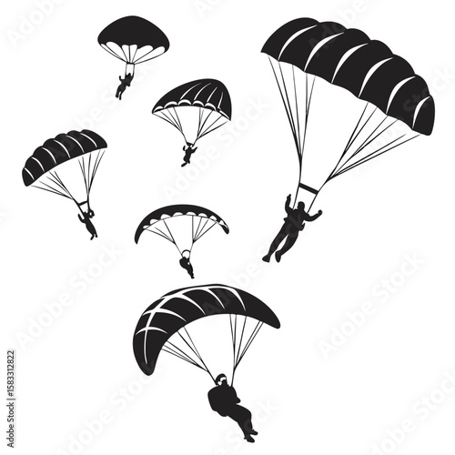 Diverse skydivers descending with parachutes black silhouettes skydiving sport