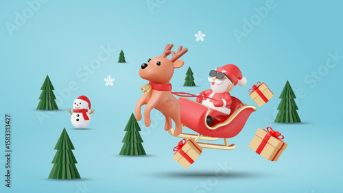 3D vector illustration rendering of Santa Claus wearing sunglasses, riding a sleigh pulled by reindeer in mid-air with floating gifts, Christmas tree, snowman. Bright and fun Christmas atmosphere.