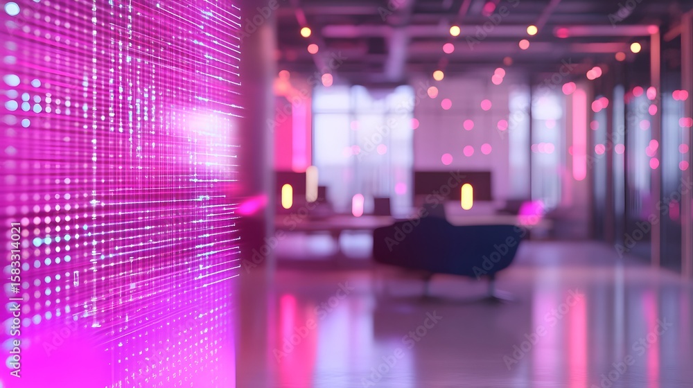 Fototapeta premium Vivid magenta display panel in a modern office space.