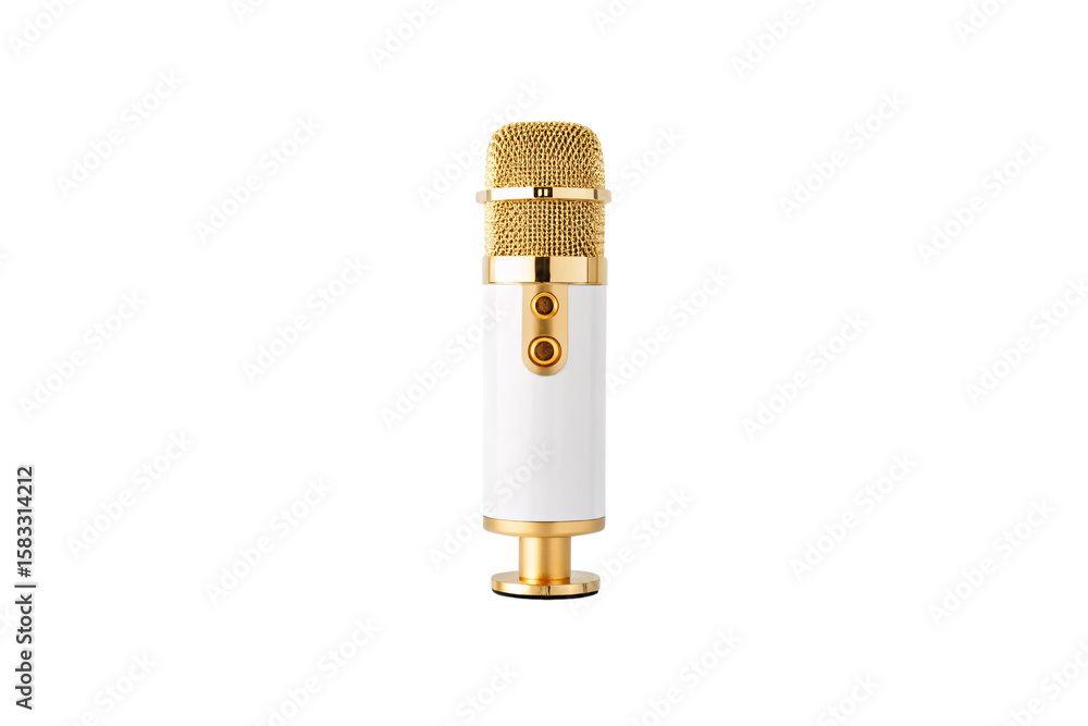 Naklejka premium Modern USB microphone with gold grille and white body featuring dual input ports, isolated on a transparent background