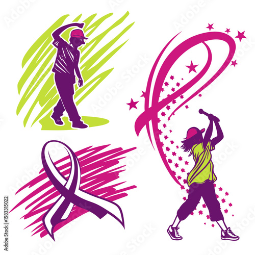 Dancing figures with ribbons and stars purple