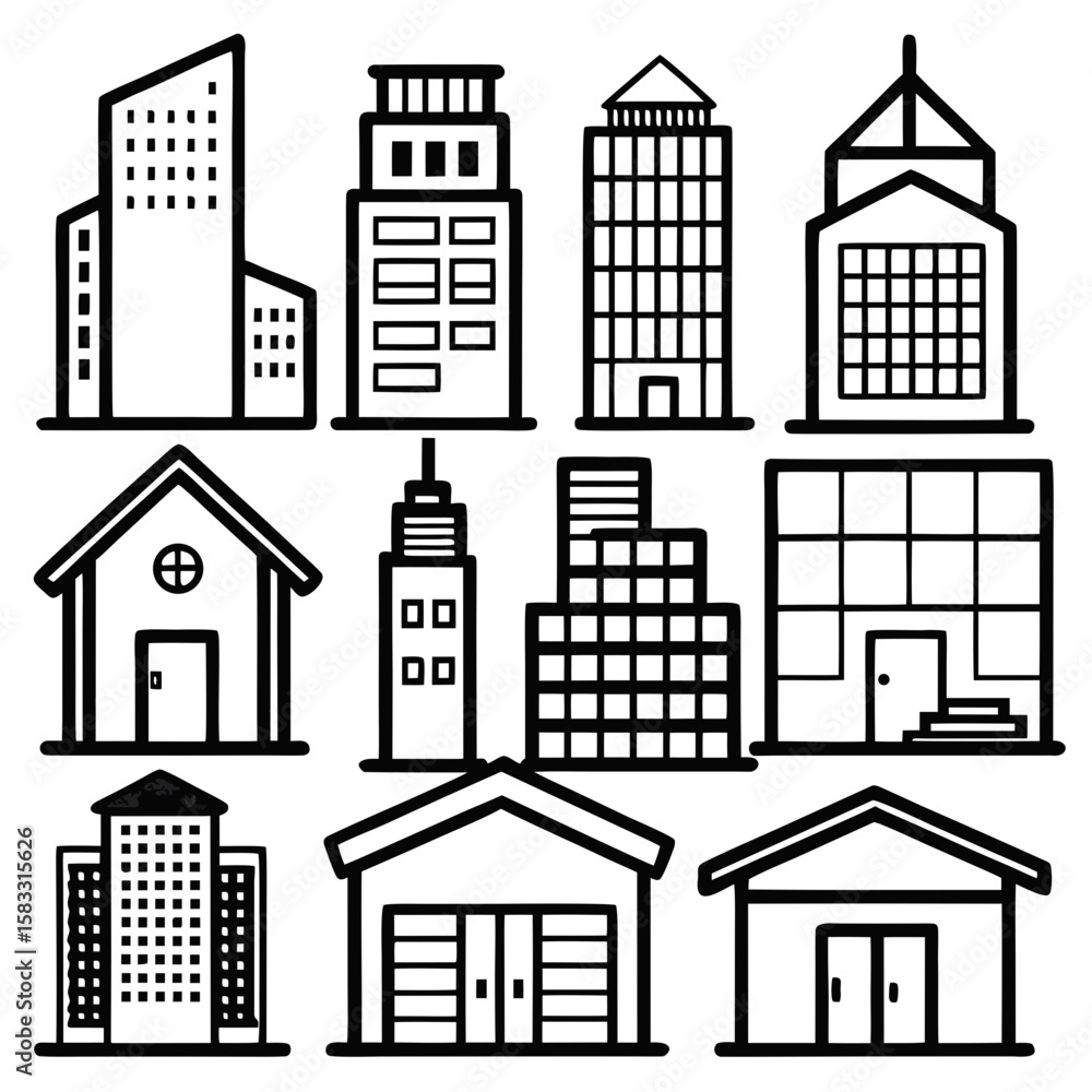 Diverse urban building collection silhouette urban buildings Diverse urban building collection silhouette urban buildings