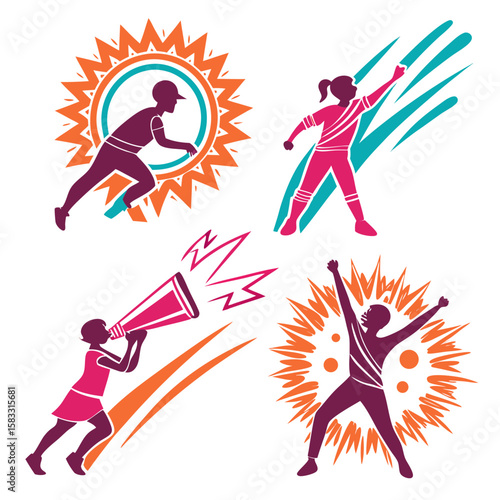 Energetic figures celebrating and announcing with vibrant abstract elements celebration